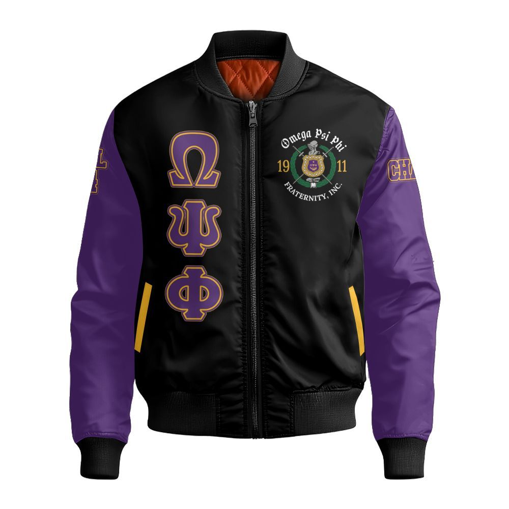Ireishprint ΩΨΦ Custom Chapter Bomber Jacket, Personalized Black Shirt ΩΨΦ Fraternity Bomber Jacket