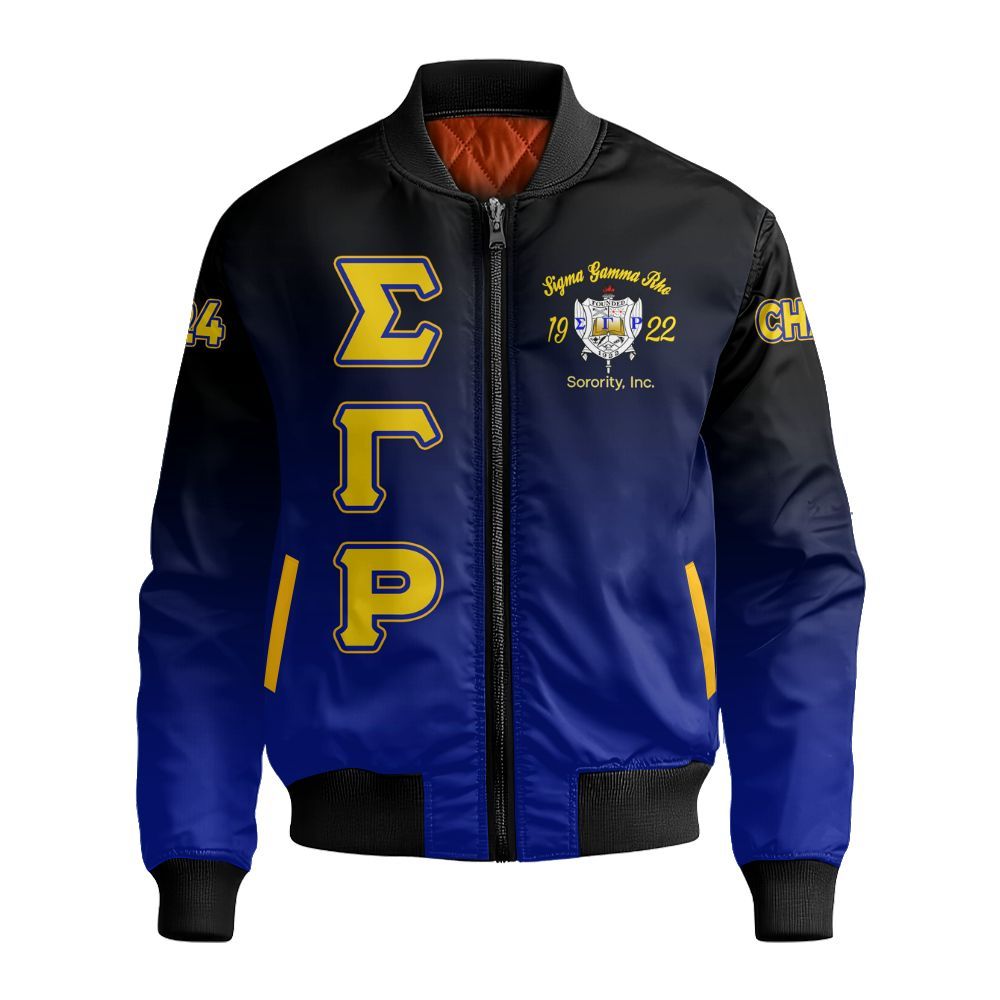 Ireishprint Sigma Gamma Rho Custom Chapter Varsity Jacket, Blue Duo Gold Gradient Style 1922 Sorority Bomber Jacket