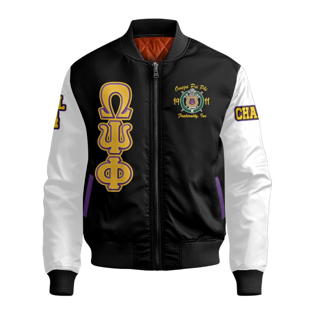 Ireishprint ΩΨΦ Custom Chapter Shirt, Personalized Retro Style White Sleeves Shirt ΩΨΦ Fraternity Bomber Jacket