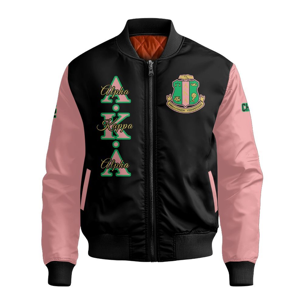 Ireishprint A.K.A Custom Chapter Crop Shirt, Personalized Black Mix Salmon Pink Sorority Bomber Jacket