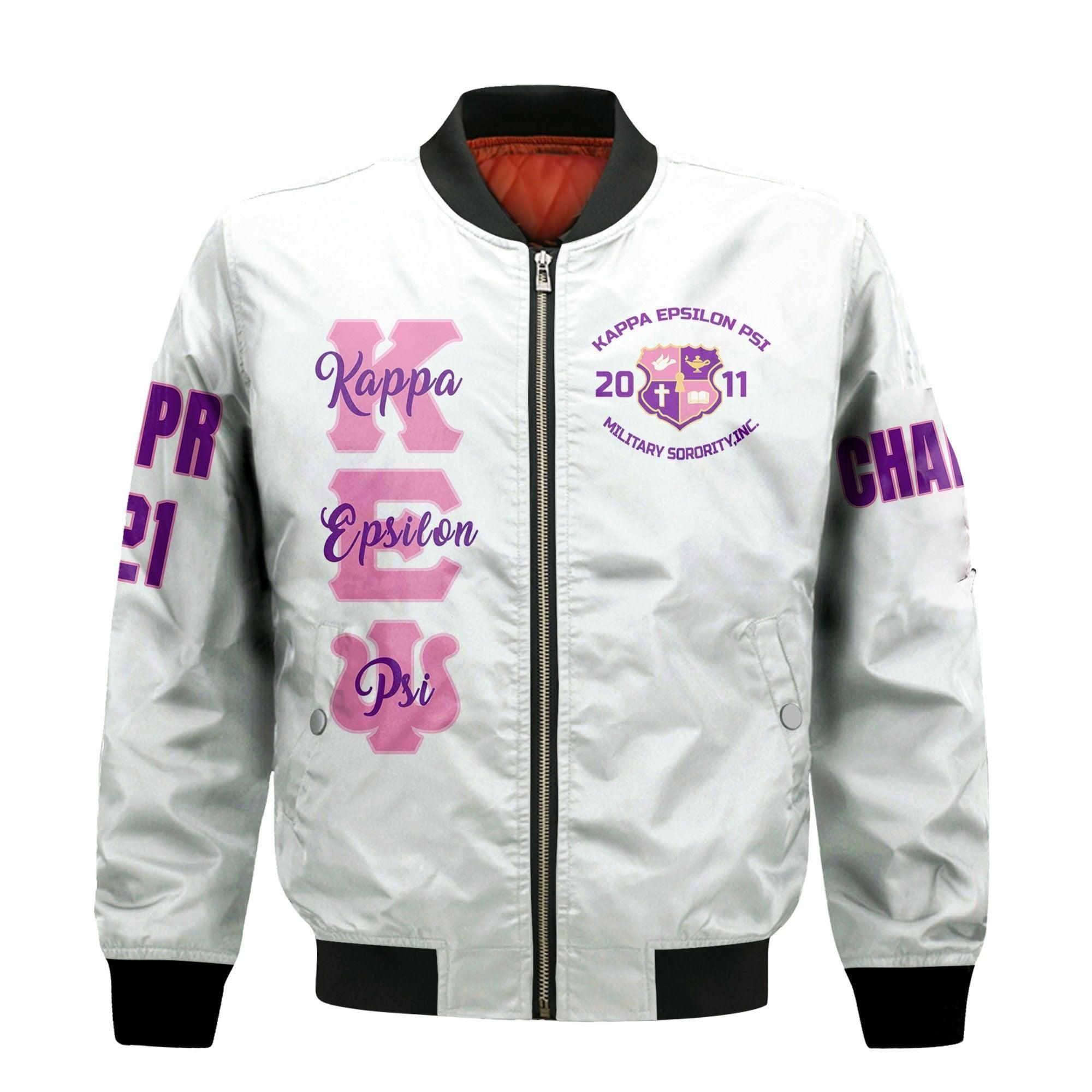 (Custom) Wonder Print Shop Jacket - Kappa Epsilon Psi (White) Sleeve Zip Bomber Jacket RLT8