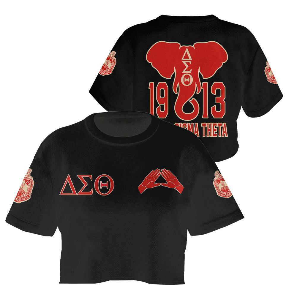 Ireishprint Delta Sigma Theta Custom Chapter Crop Shirt, Personalized Delta Elephant Hand Sign Black Delta Sigma Theta Sorority Crop Top 3D