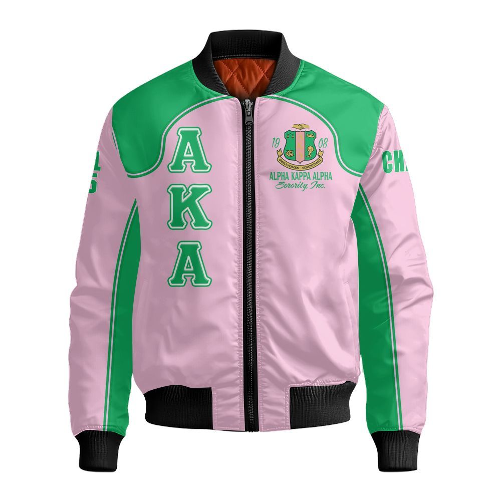 Ireishprint A.K.A Custom Chapter Crop Shirt, Salmon Pink And Apple Green Racing Style Sorority Bomber Jacket