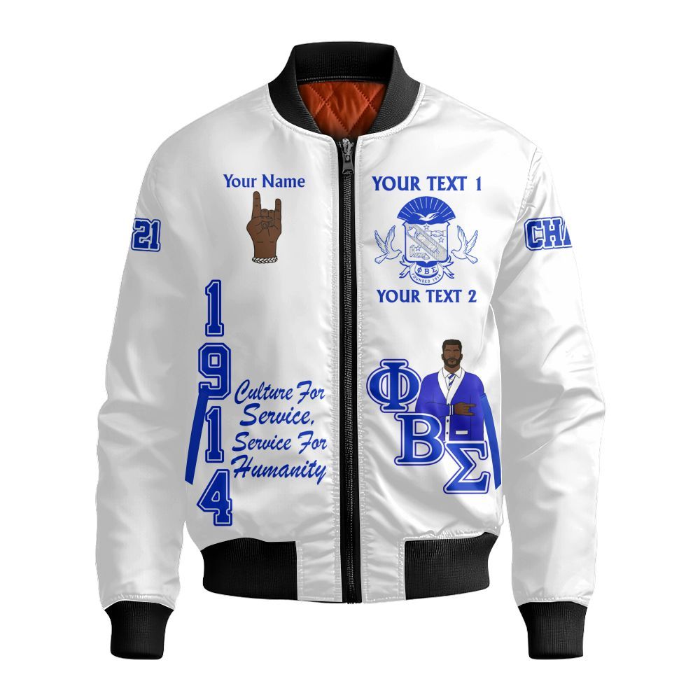 Ireishprint Phi Beta Sigma Custom Full Line Bomber Jacket, Crest Highlight Royal Blue Duo White Color 1914 Fraternity Bomber Jacket
