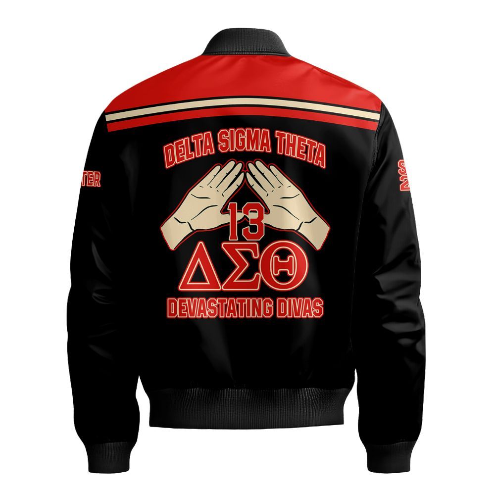 Ireishprint Delta Sigma Theta Custom Chapter Crop Shirt, Personalized Hand Sign Black Delta Sigma Theta Sorority Bomber Jacket