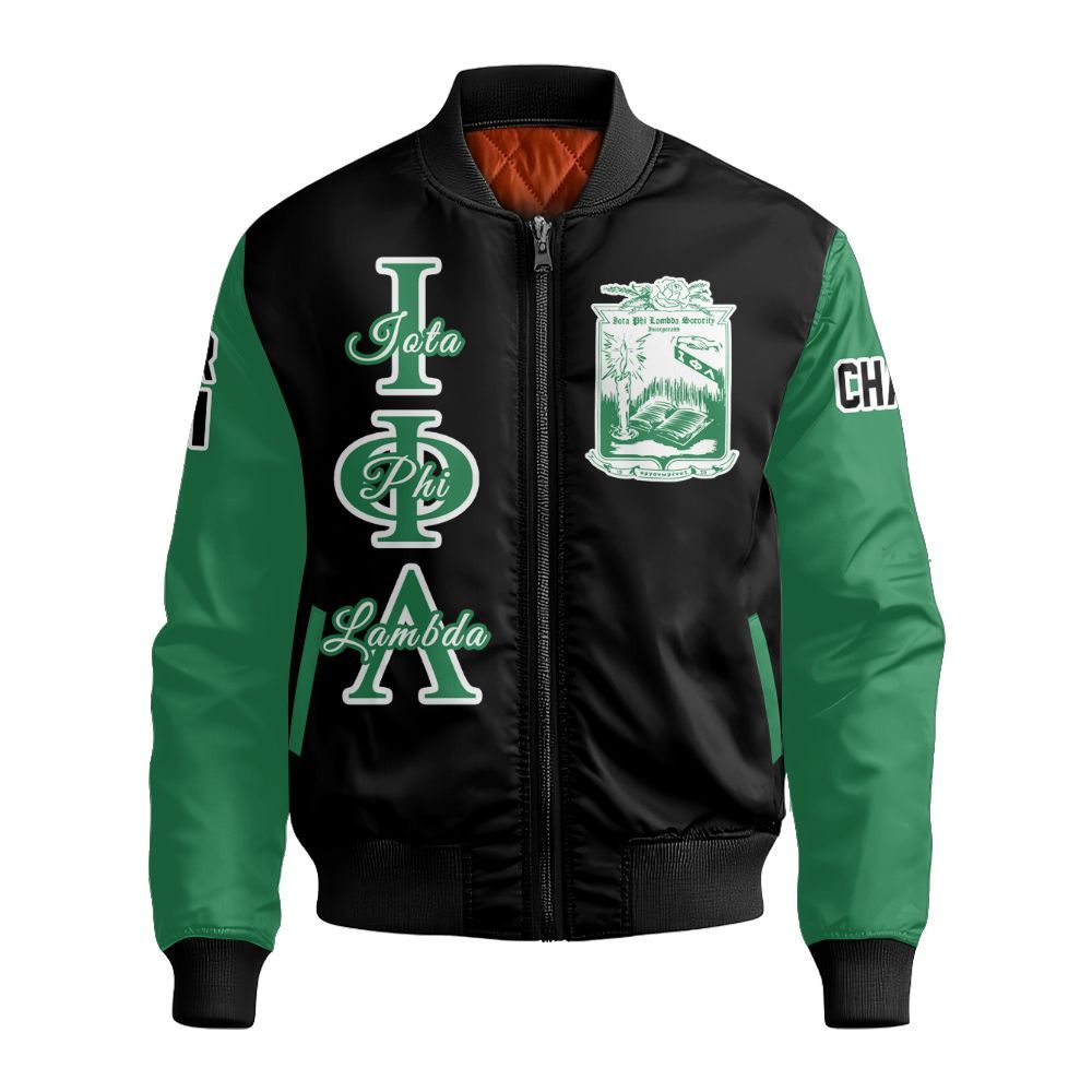 Ireishprint Iota Phi Lambda Custom Chapter Varsity Jacket, Personalized Black Mix Emerald Green Iota Phi Lambda Since 1929 Sorority Bomber Jacket