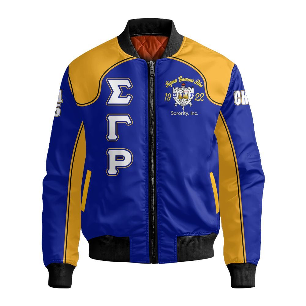 Ireishprint Sigma Gamma Rho Custom Chapter Crop Shirt, Gold Mix Royalt Blue Racing Style 1922 Sorority Bomber Jacket