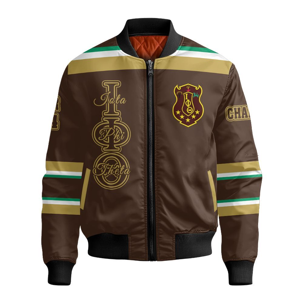 Ireishprint Iota Phi Theta Custom Chapter Shirt, Personalized Gilded Gold Charcoal Brown Shirt Iota Phi Theta Fraternity Bomber Jacket