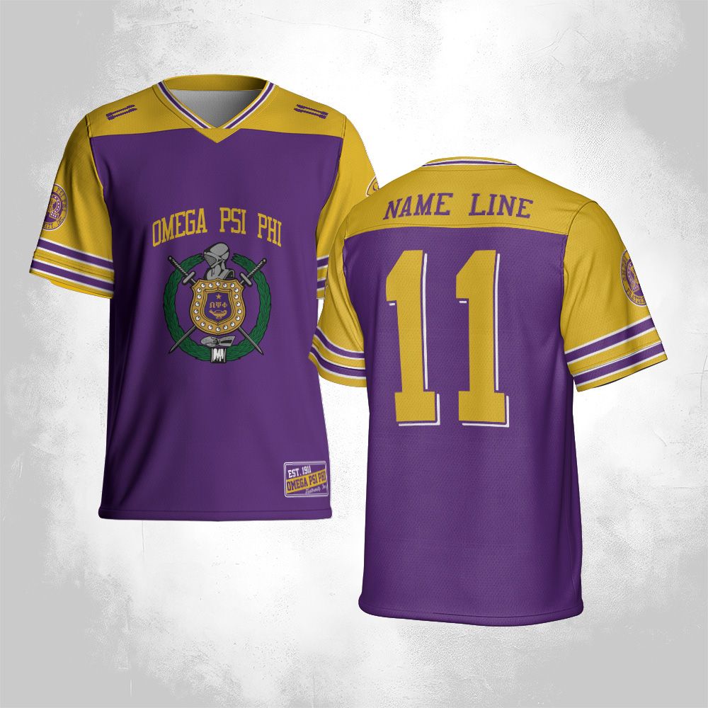 Ireishprint ΩΨΦ Custom Back Line Football Jersey, Purple Duo Gold Omega Jersey Fraternity