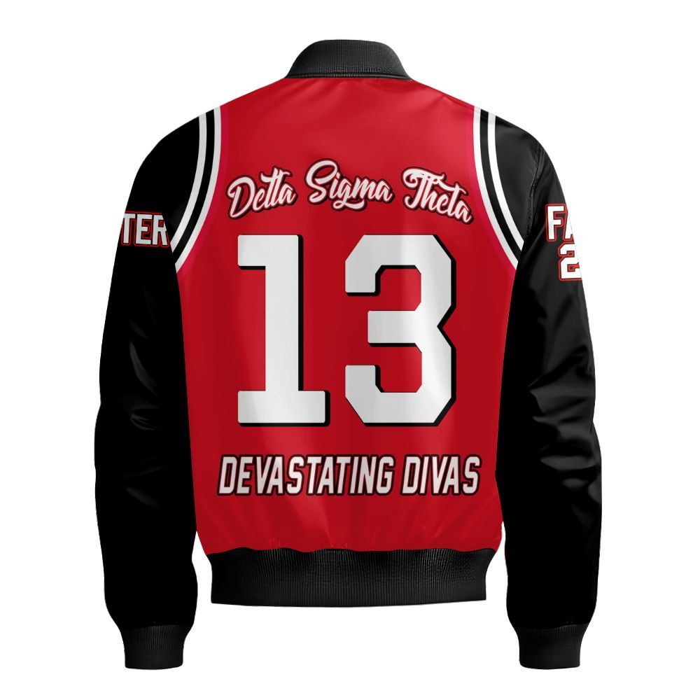 Ireishprint Delta Sigma Theta Custom Chapter Varsity Jacket, Delta Sigma Theta Black Curved Shoulder Style Black Sleeve 1913 Sorority Bomber Jacket