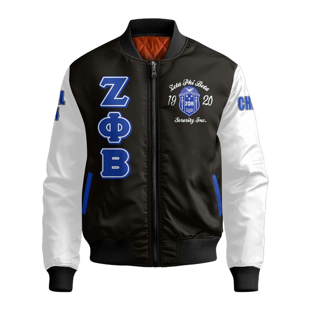 Ireishprint Zeta Phi Beta Custom Chapter Crop Shirt, Personalized Z Phi B Black Blue Sleeve 1920 Sorority Bomber Jacket