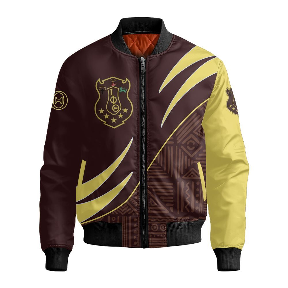 Ireishprint Iota Phi Theta Shirt, Charcoal Brown Gold Sleeves ΙΦΘ Lettered Style Fraternity Bomber Jacket