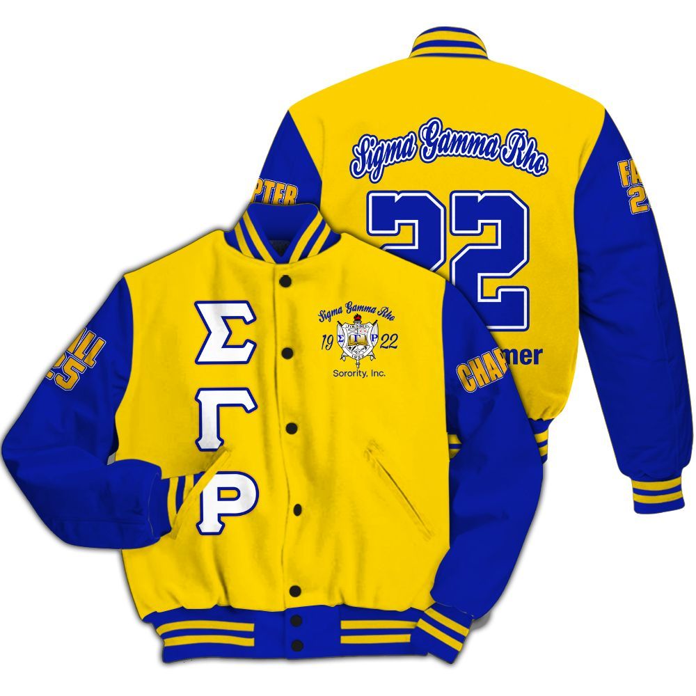 Ireishprint Sigma Gamma Rho Custom Chapter Varsity Jacket, Gold Duo RHoyal Blue Style 1922 Sorority Jacket