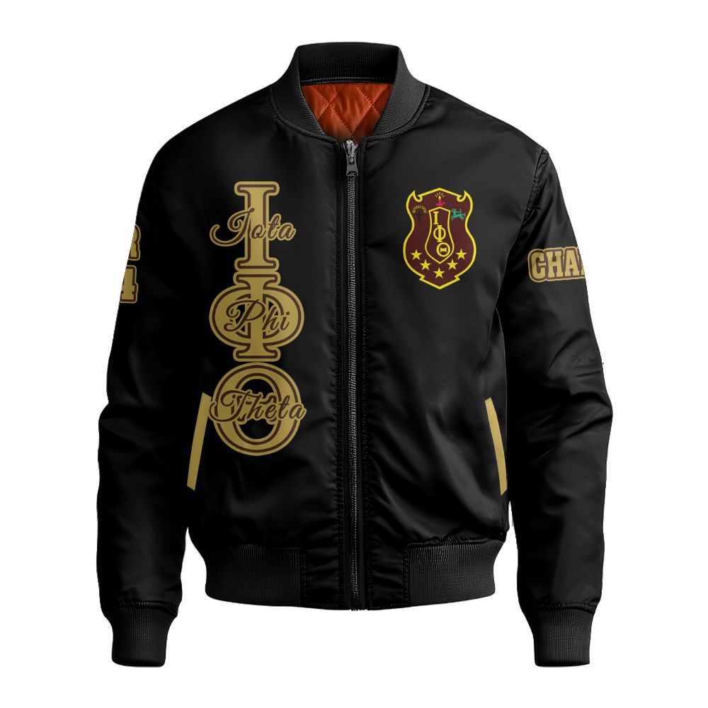 Ireishprint Iota Phi Theta Custom Line Crossing Jacket, Personalized Black Jacket Iota Phi Theta Fraternity Bomber Jacket