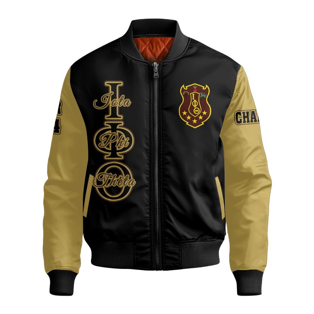 Ireishprint Iota Phi Theta Custom Chapter Shirt, Personalized Gilded Gold Sleeves Black Shirt Iota Phi Theta Fraternity Bomber Jacket