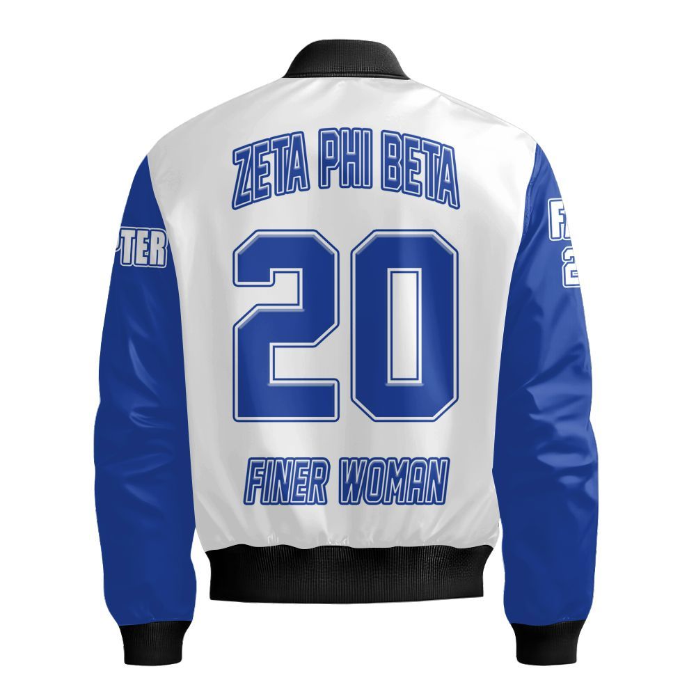 Ireishprint Zeta Phi Beta Custom Chapter Varsity Jacket, Personalized White Varsity Jacket Blue Sleeve Z Phi B 1920 Sorority Bomber Jacket