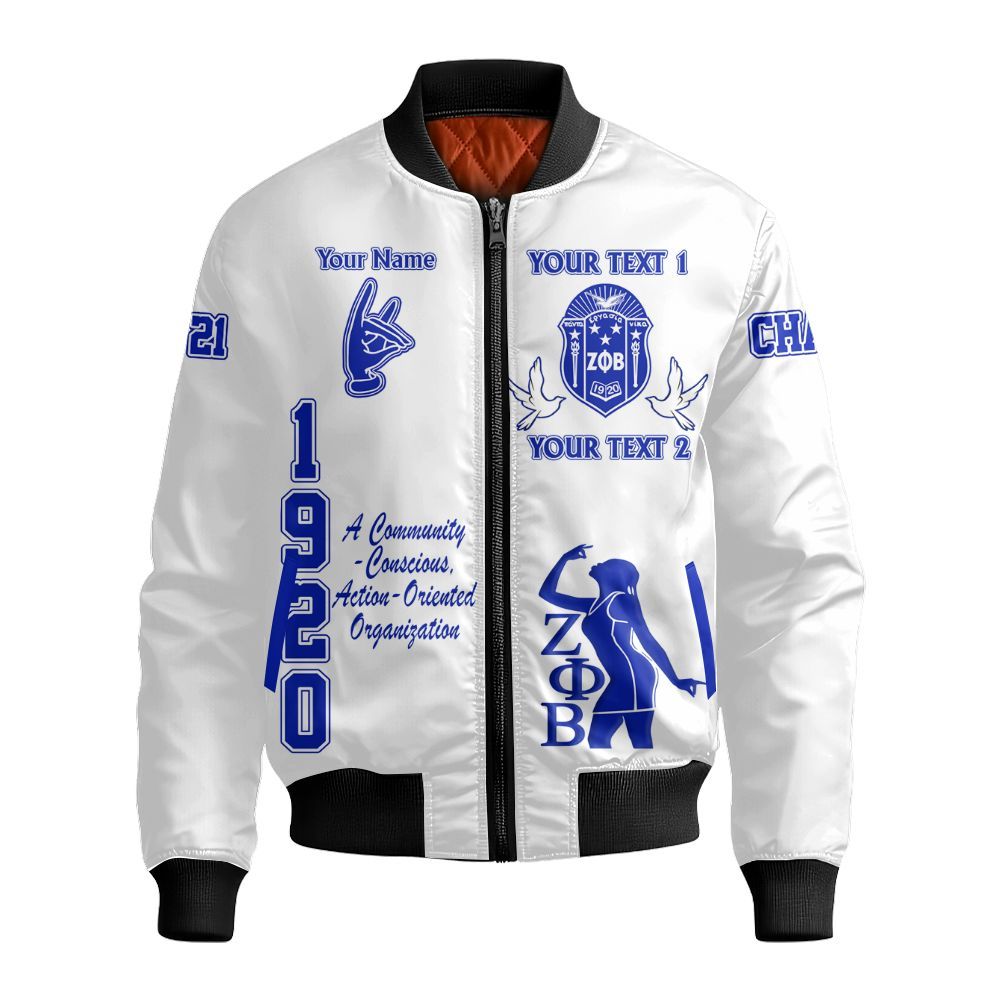 Ireishprint Zeta Phi Beta Custom Full Line Bomber Jacket, Crest Highlight Z-Blue Duo White Color 1920 Sorority Bomber Jacket