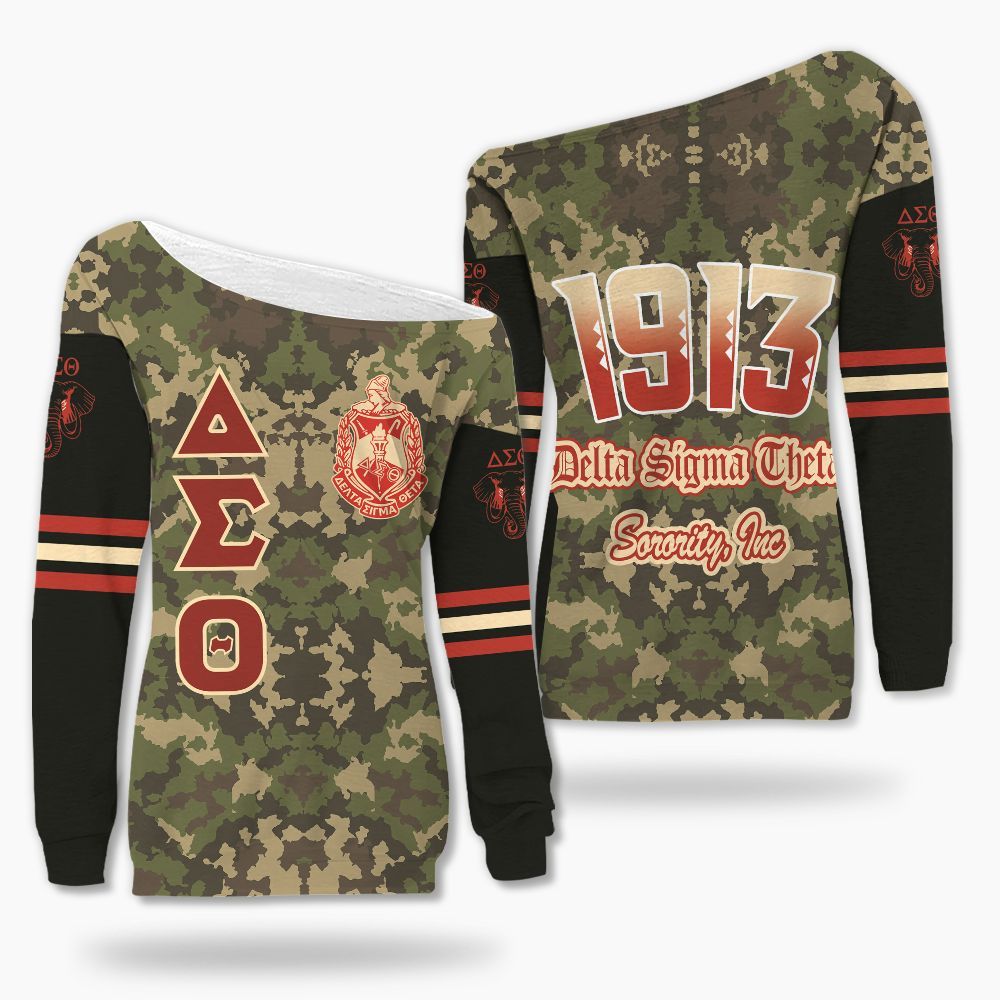 Ireishprint Delta Sigma Theta Off Shoulder Sweatshirt, Camo Pixel Pattern Delta Sigma Theta Sorority Off Shoulder Sweatshirt
