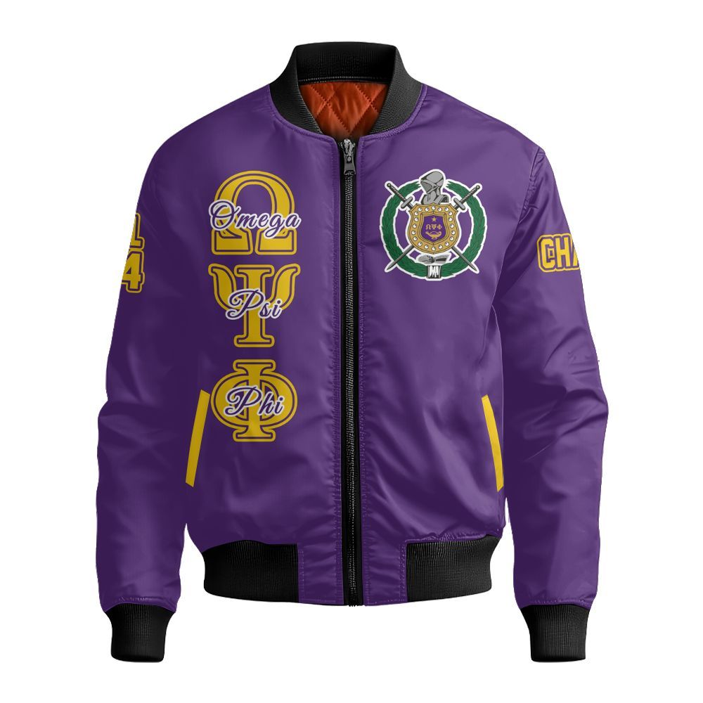Ireishprint ΩΨΦ Custom Chapter Polo Shirt, Personalized Purple Shirt ΩΨΦ Fraternity Bomber Jacket