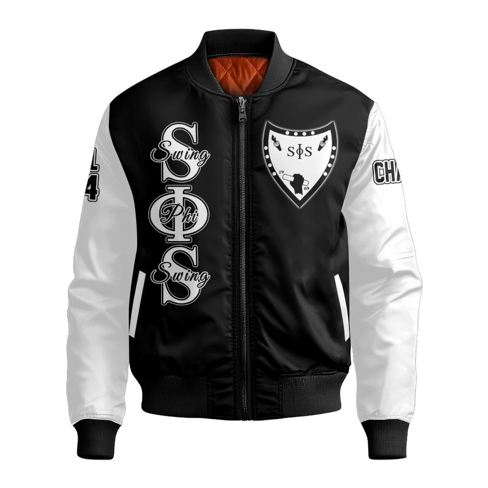 Ireishprint Swing Phi Swing Custom Chapter Stitched Jacket, Personalized White Sleeve Stitched Jacket Swing Phi Swing Sorority Bomber Jacket