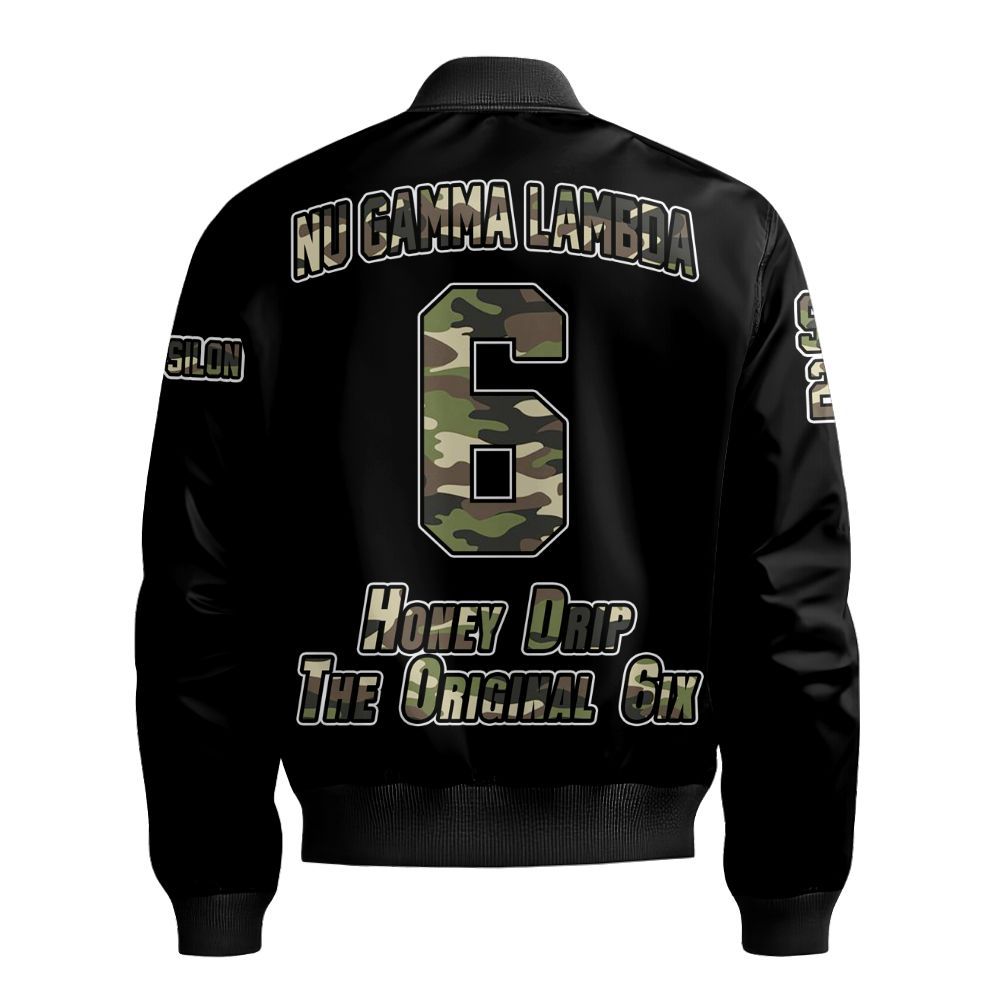 Ireishprint Nu Gamma Lambda Custom Line Crossing Jacket, Personalized Black Camo Nu Gamma Lambda Sorority Bomber Jacket