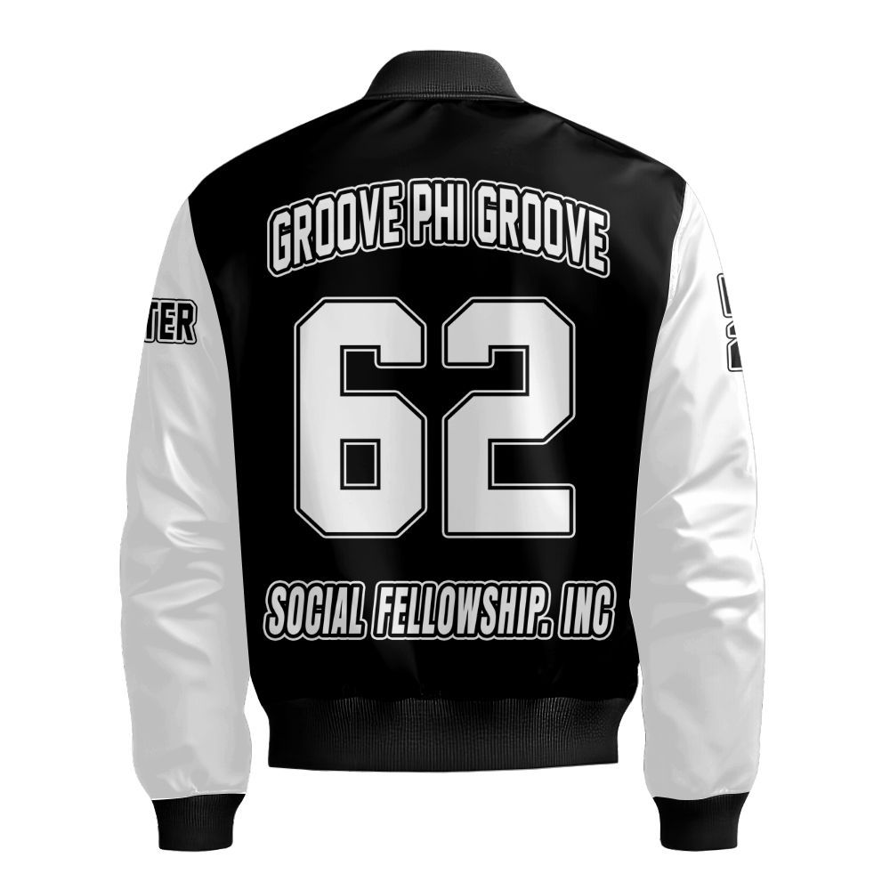 Ireishprint Groove Phi Groove Custom Line Crossing Jacket, Personalized White Sleeves Black Jacket Groove Phi Groove Fraternity Bomber Jacket